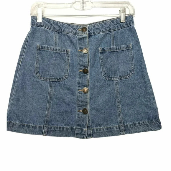 Forever 21 Skirt Women's Sz M A-Line Button Fly Jean Mini Pocket Denim Blue - Picture 5 of 9